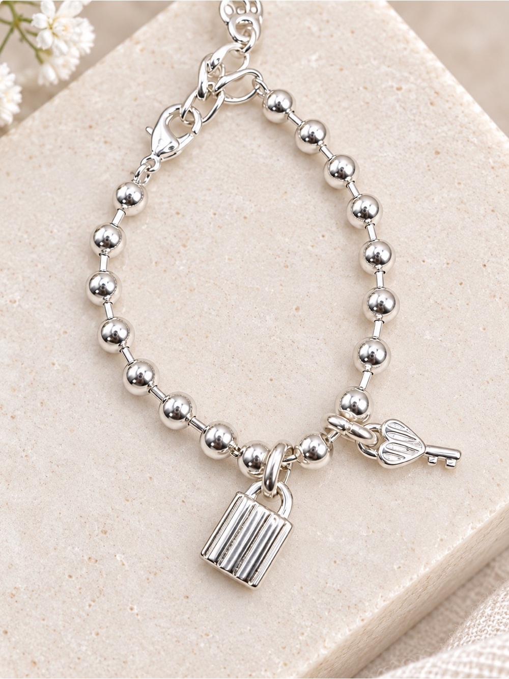 Silver Padlock & Key Charm Bracelet - Silver Beaded Women's Jewelry